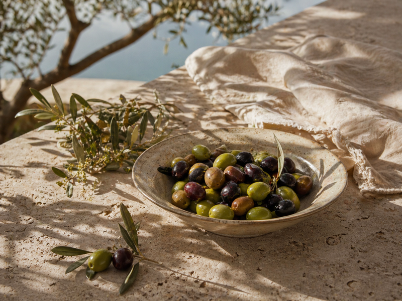 A bowl of olives on a sunlit table